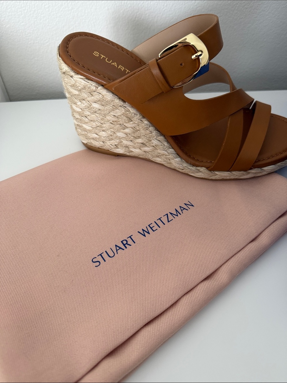 Stuart Weitzman Tan Espadrille Wedge Sandals with Gold Buckle - Picture 7 of 7